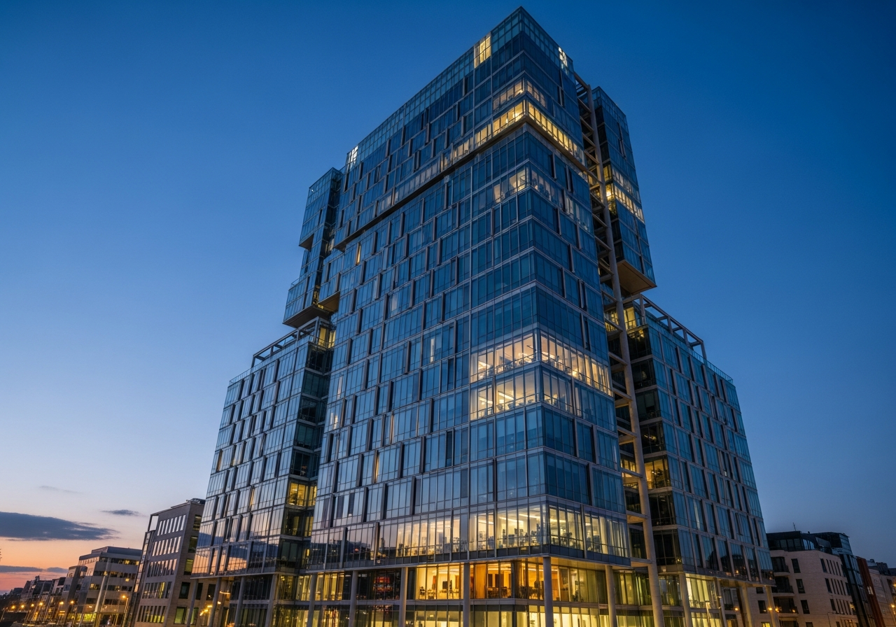 Modern Belgian high-rise at dusk